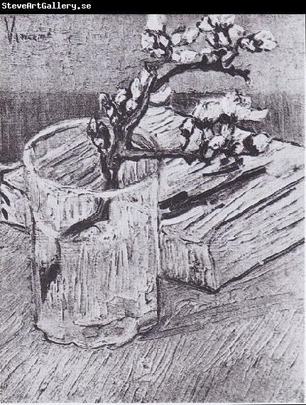 Vincent Van Gogh Flowering almond tree branch in a glass and book